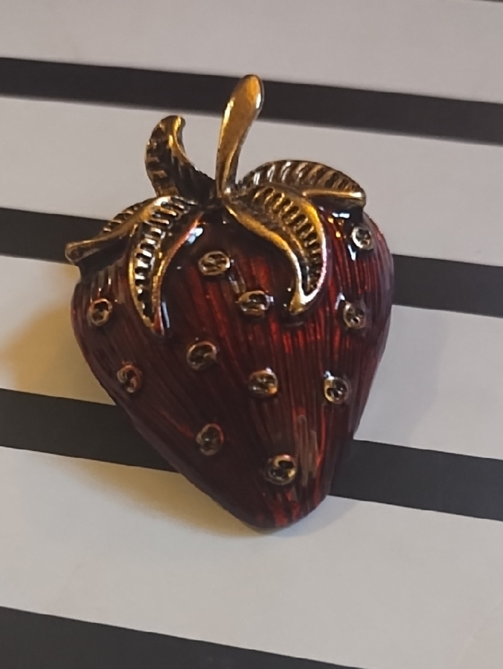 Gold-Top Red Enamel Strawberry Brooch